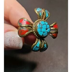 Vintage Handcrafted Tibetan Nepali Ring Turquoise & Red Coral Inlay Size 7.5